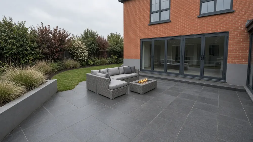 Example image: large porcelain patio behind a modern detached house, typical of Yarm's newer streets