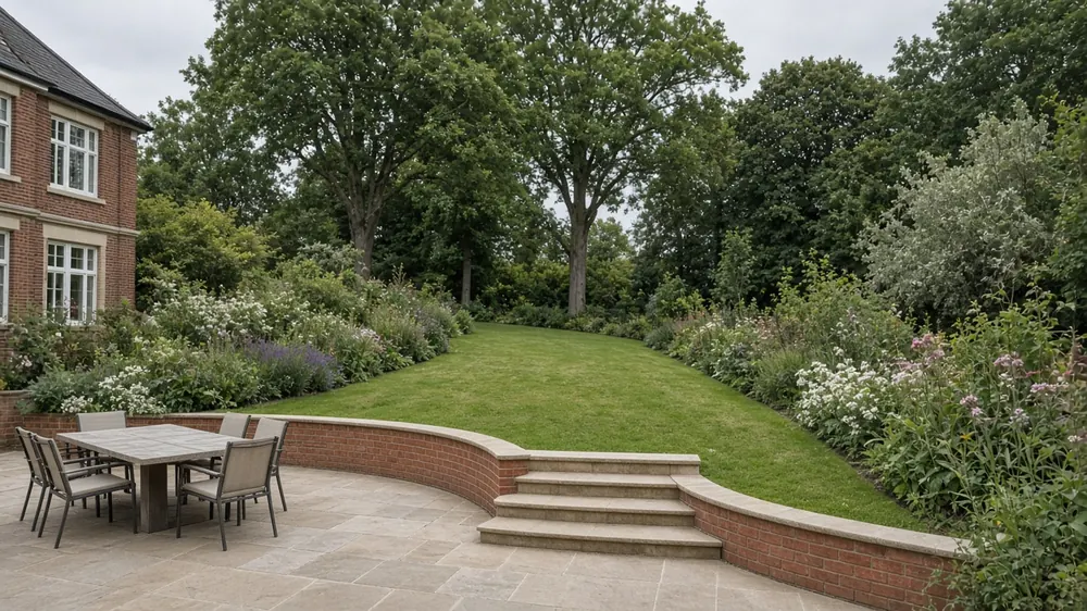 Example image: raised patio with a low wall and steps, an idea for uneven Billingham gardens