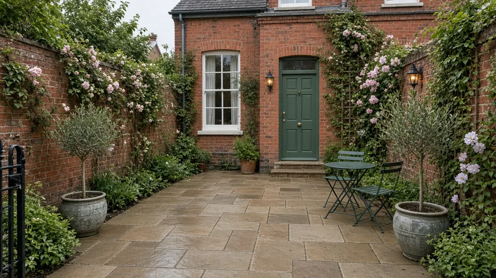 Example image: wide stone terrace across the back of a period house, the scale many Eaglescliffe villas suit