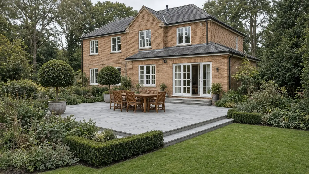 Example image: a generous grey patio across the back of a large detached brick house, with two steps up to French doors