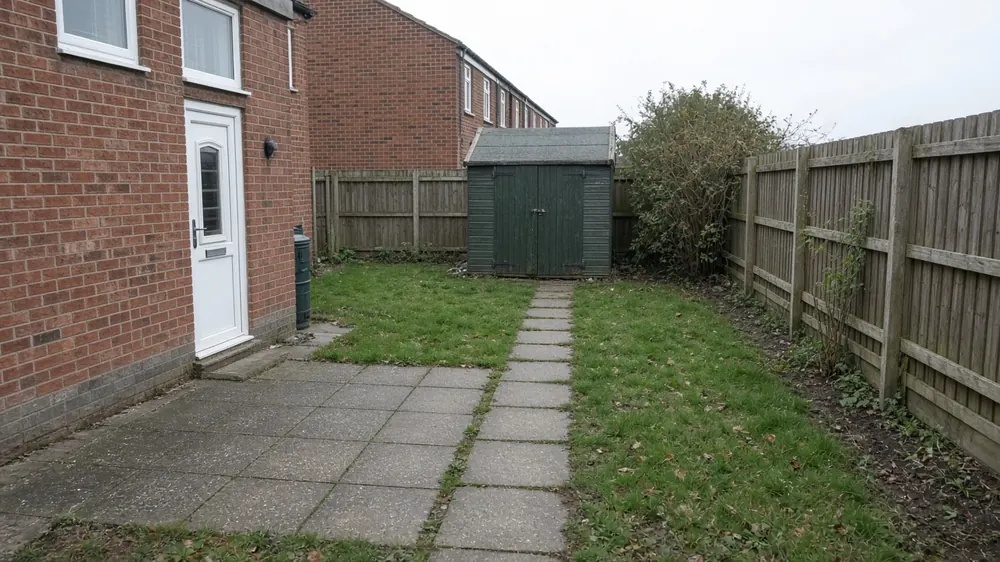 Example image: grey slab patio with a straight path to a shed behind a post-war terrace house
