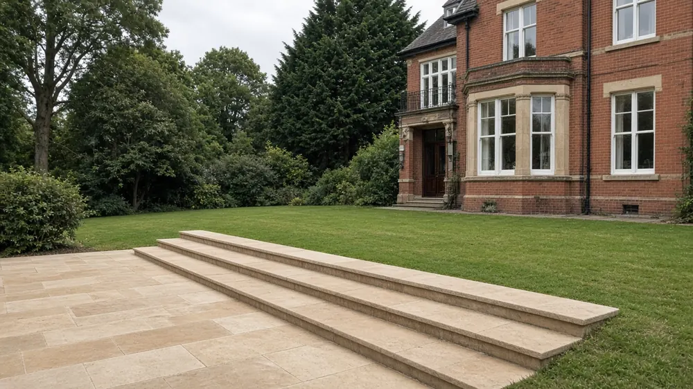 Example image: sawn sandstone terrace with steps down to a lawn behind a large Victorian villa