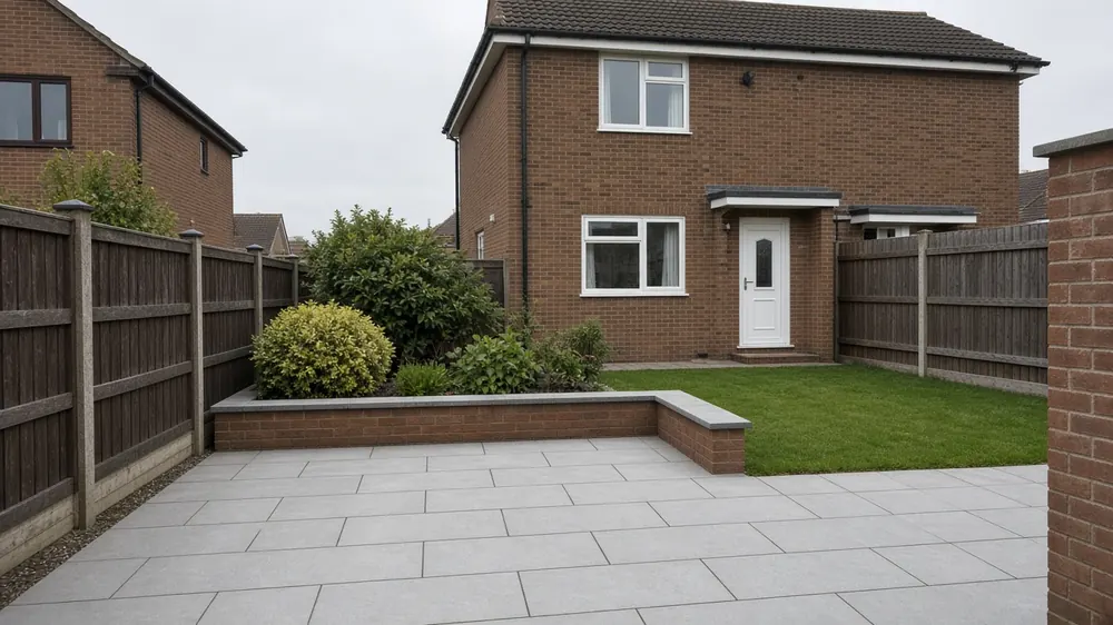 Example image: light grey porcelain patio with a raised planter behind a modern detached house