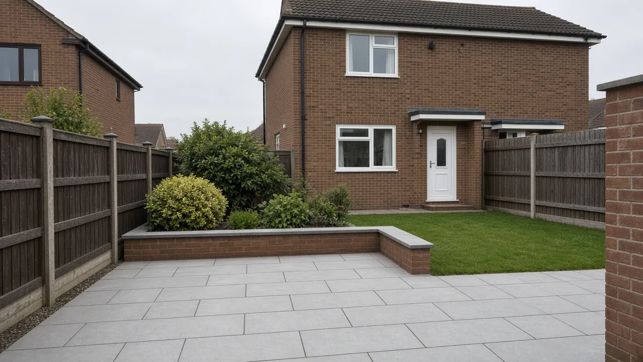 Example image: light grey porcelain patio with a raised planter behind a modern detached house