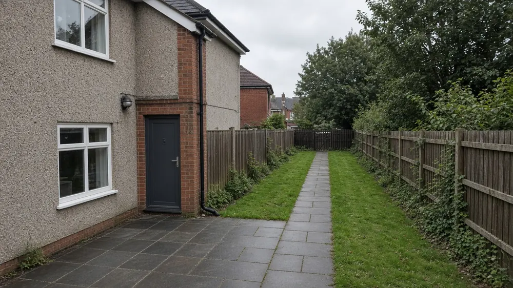 Example image: charcoal porcelain patio with a path leading down a long garden behind a semi