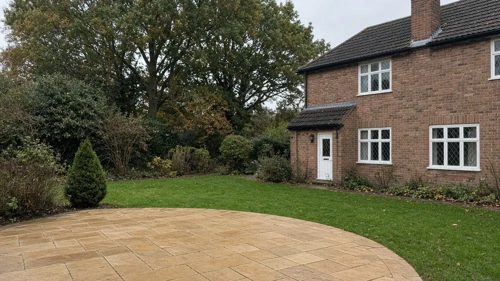 Example image: buff sandstone patio with a curved edge to the lawn behind a detached 1930s house