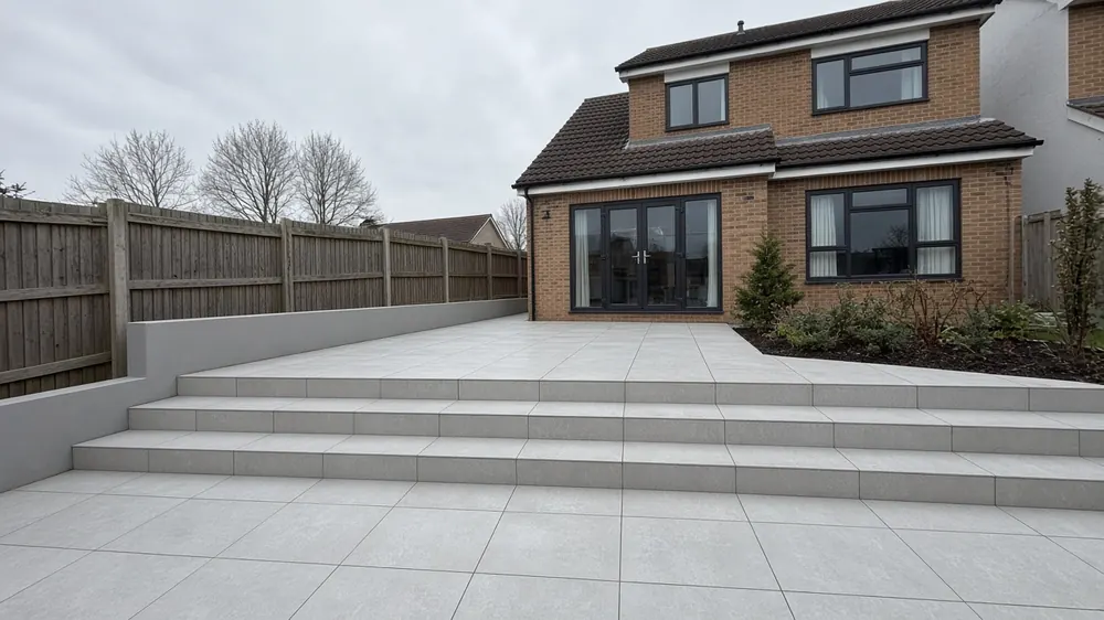 Example image: two-level porcelain patio with steps behind a modern detached house on a slope