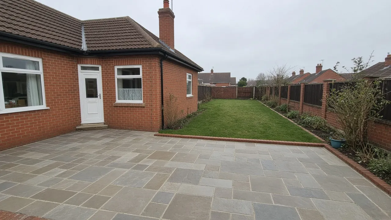 Example image: grey sandstone patio with a low brick edge behind a 1930s semi-detached house in Norton