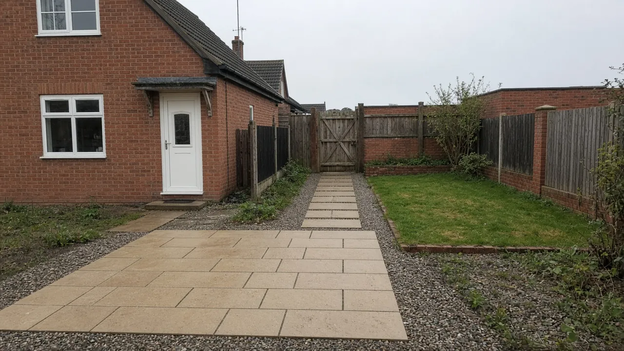 Example image: buff concrete slab patio with a gravel border behind a post-war semi-detached house in Thornaby