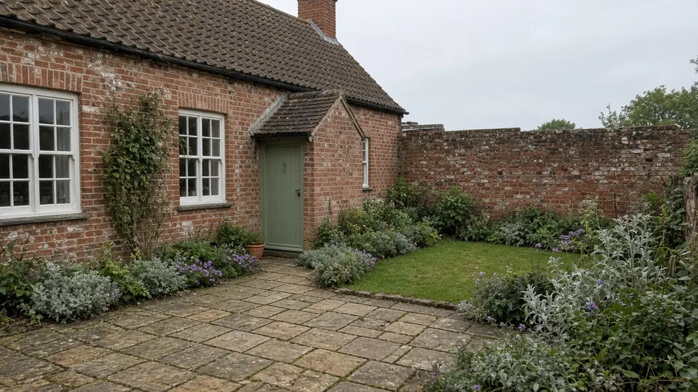 Example image: riven sandstone patio beside a stone cottage with a small lawn and borders
