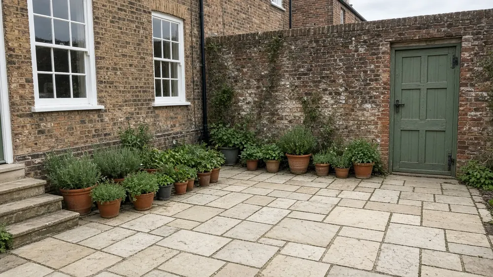 Example image: York-stone-style courtyard patio with brick walls behind a Georgian town house