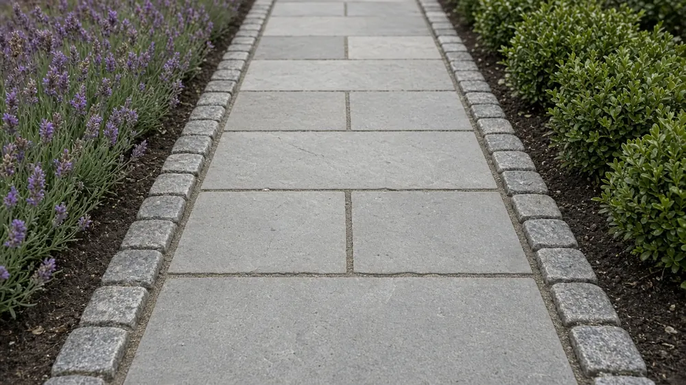 Example image: a straight sandstone path between planted borders leading to an oak side gate
