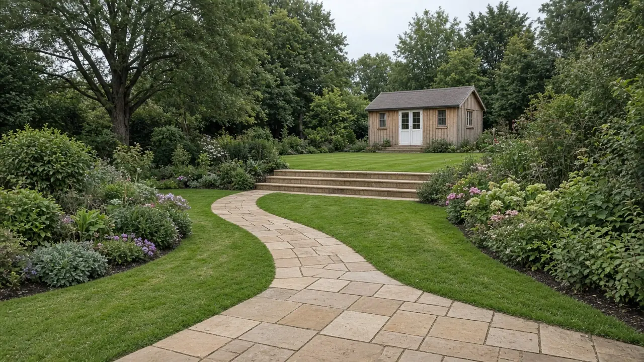 Example image: a sawn sandstone path leading to four even steps up to an upper lawn in a landscaped garden