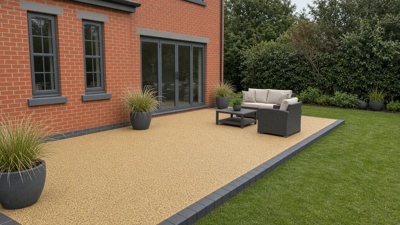 Example image: a silver-grey resin-bound patio and curved path leading across a lawn to a garden room