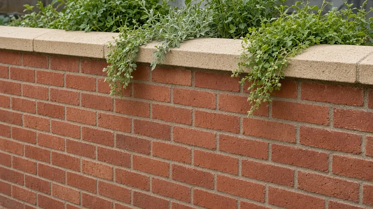 Example image: a brick retaining wall with weep holes and a stone coping holding back a raised bed