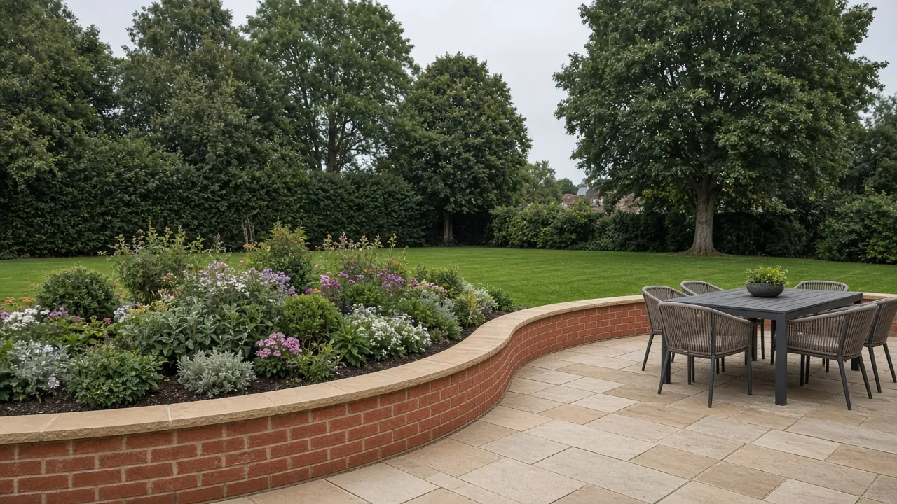 Example image: a curved low red-brick wall with a stone coping forming a raised bed beside a sandstone patio
